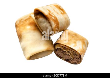 Pancakes stuffed with tuna isolated on white background Stock Photo