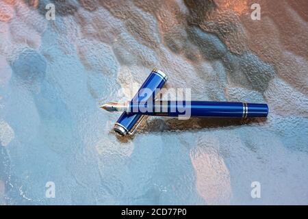 Rare vintage Pelikan blue M605 fountain pen. Purchased in the mid 1990's. Stock Photo
