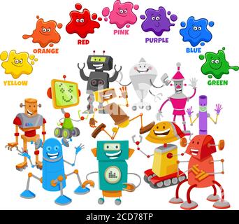 Educational Cartoon Illustration of Basic Colors for Children with Robot Characters Group Stock Vector