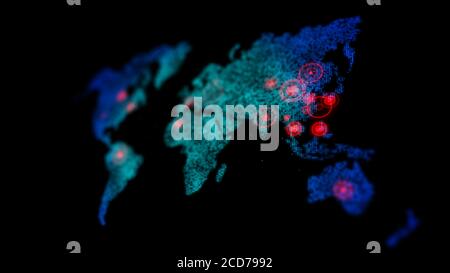 3D dot world map with red circle aim target on the map, for futuristic concept, with shallow depth of field effect Stock Photo