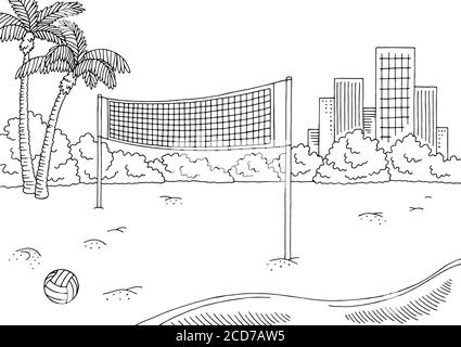 Beach volleyball sport graphic black white city landscape sketch illustration vector Stock Vector