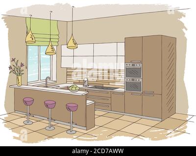 Kitchen room interior color graphic sketch illustration vector Stock Vector