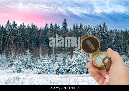 The hand holds the compass against the winter forest. Stock Photo