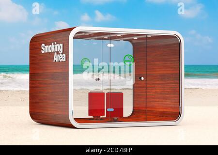 Smoking Booth. Special Room for Smokers. Smoking Area for Cigarettes, Tobacco, Vipes and E-cigarettes on the Ocean or Sea Sand Beach extreme closeup. Stock Photo