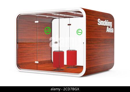 Smoking Booth. Special Room for Smokers. Smoking Area for Cigarettes, Tobacco, Vipes and E-cigarettes on a white background. 3d Rendering Stock Photo