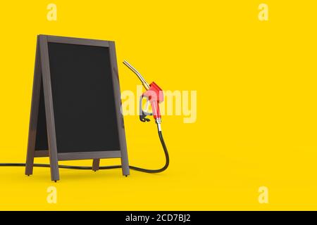 Gasoline Pistol Pump Fuel Nozzle, Gas Station Dispenser with Blank Wooden Menu Blackboards Outdoor Display on a yellow background. 3d Rendering Stock Photo