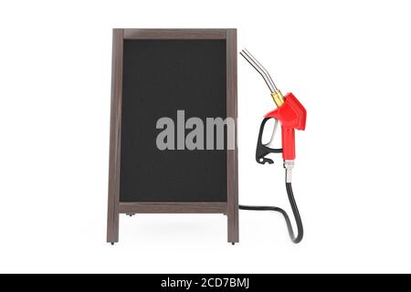 Gasoline Pistol Pump Fuel Nozzle, Gas Station Dispenser with Blank Wooden Menu Blackboards Outdoor Display on a white background. 3d Rendering Stock Photo