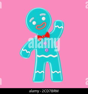 Holiday Decorated Classic Blue Gingerbread Man Cookie in Duotone Style on a pink background. 3d Rendering Stock Photo