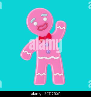 Holiday Decorated Classic Pink Gingerbread Man Cookie in Duotone Style on a blue background. 3d Rendering Stock Photo