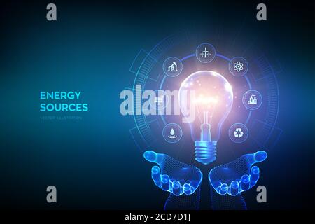 Glowing light bulb with energy resources icons in hands. Electricity and energy saving concept. Energy sources. Campaigning for ecological friendly Stock Vector