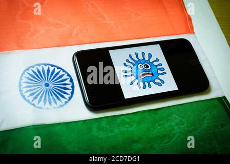 Kolkata, India 27-Aug-2020 : Concept of Apple launching mobile service in India. Apple logo in mobile phone screen with Indian flag background and cop Stock Photo