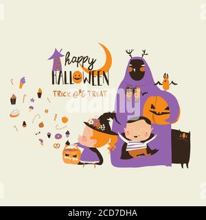 Cartoon happy children trick or treating in Halloween costume Stock Vector