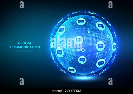 Global communication concept. World map point and line composition. Planet Earth globe with dialog speech bubbles icons. Worldwide communication and Stock Vector