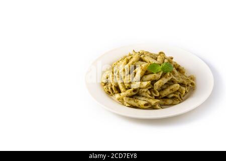 Penne pasta with pesto sauce isolated on white background Stock Photo