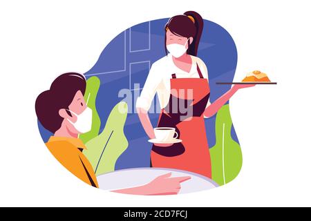 Waitress wearing face mask and serving Vector illustration Stock Vector ...