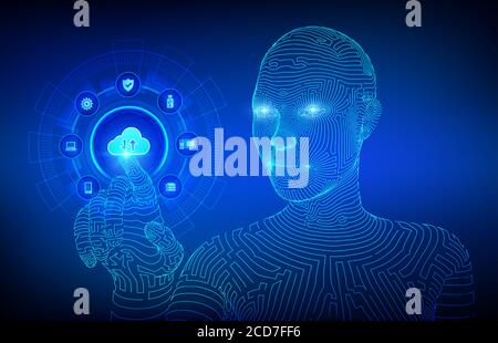 Backup Storage Data. Business data online cloud backup. Internet Technology Business concept. Online connection. Data base. Wireframed cyborg hand Stock Vector