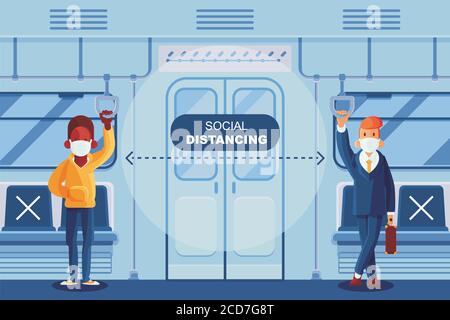 People standing in subway train, holding bags. Public transport concept. Stock Vector