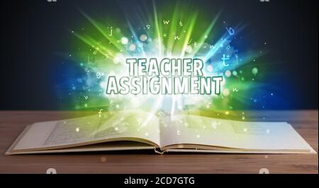 Teacher Book Inscription TEACHER ASSIGNMENT inscription coming out from an open book ...