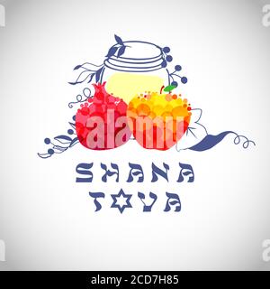 Jewish A Happy New Year card concept. Text in Hebrew, holiday traditional meal Decorative festive sign. Isolated abstract graphic design template Stock Vector