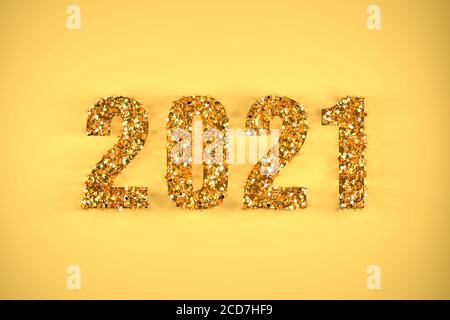 Glittering golden stars building the number 2021 on a cut out golden sheet. Happy New Year 2021 concept.
