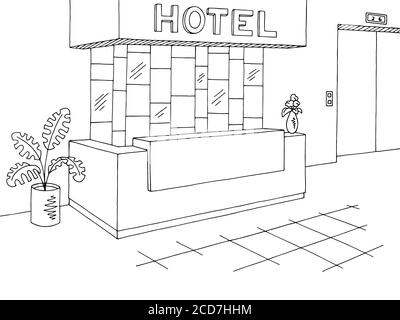 Hotel reception lobby interior graphic black white sketch illustration vector Stock Vector