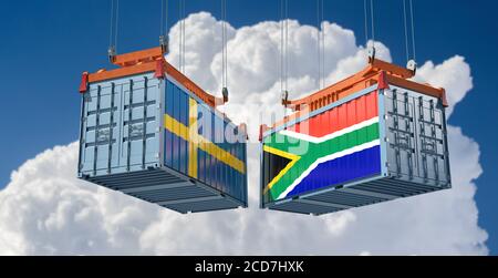 Freight containers with Sweden and South Africa national flags. 3D Rendering Stock Photo