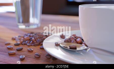 One white cup with a cappuccino on the table surrounded with coffee beans. Morning story. Stock Photo