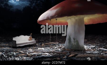 Close up of a mushroom with swing, sofa, and music instrument ukulele. A quiet night with moonlight in the little fantasy world. Stock Photo
