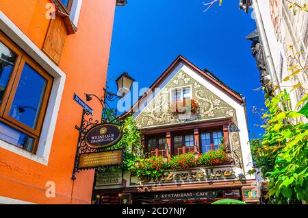 Rudesheim am Rhein, Germany, August 24, 2019: Traditional german houses and beautiful art buildings with typical wooden wall fachwerk style in historical medieval town centre, State of Hesse Stock Photo