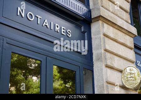 Bordeaux , Aquitaine / France - 08 20 2020 : Notaires text logo and sign symbol on notary french agency wall building office Stock Photo