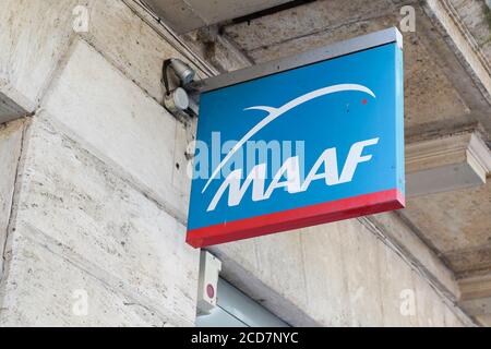 Bordeaux , Aquitaine / France - 08 20 2020 : MAAF sign and text logo front of office store assurances on shop wall Stock Photo