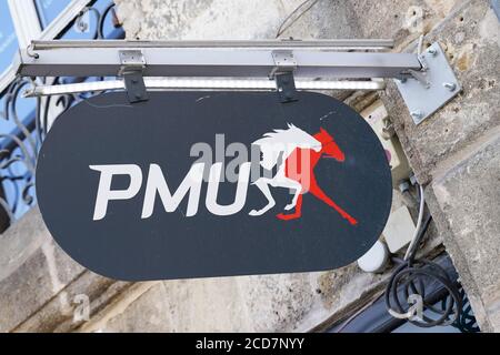 Bordeaux , Aquitaine / France - 08 20 2020 : PMU logo and text sign front of store of french horse racing bet sport Stock Photo