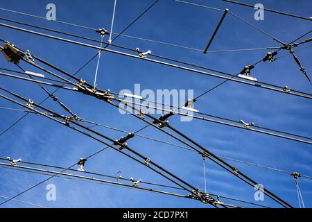 Train Cables Against Blue Sky in Switzerland. Stock Photo