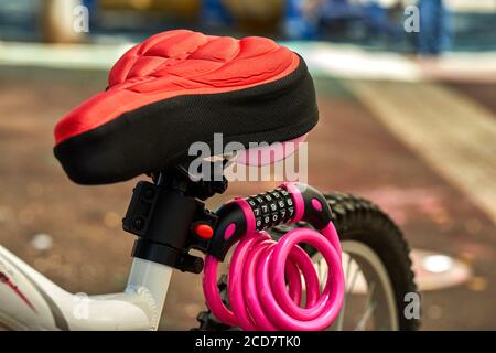 bicycle parts seat, wheel frame and combination lock Stock Photo