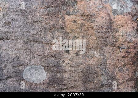 Close up of a piece of multi coloured Derbyshire sandstone with patches of lichen Stock Photo
