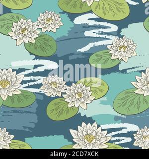 Water lily flower graphic color seamless pattern background sketch illustration vector Stock Vector
