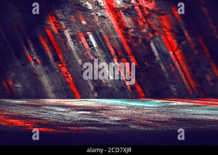 Abstract sport background concept with blurred diagonal blue and magenta lines in the dark, with colored light on the floor Stock Photo