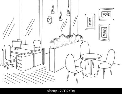 Office room graphic black white interior sketch illustration vector Stock Vector