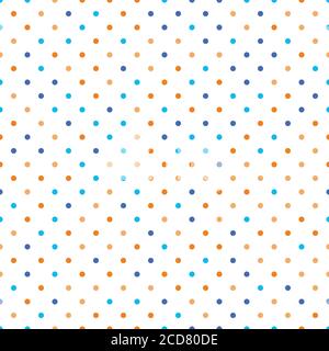 Seamless polka dot pattern. Orange and blue dots in random sizes on white background. Vector illustration. Stock Vector