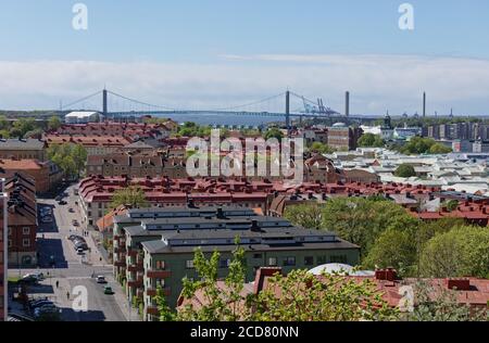 Cityscape of Gothenburg, Sweden, with residential area Majorna and Älvsborg Bridge, a a suspension bridge over Göta älv river Stock Photo