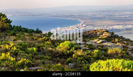 Looking down at the Bay of Roses from the Serra de Rodes, Costa Brava, Girona, Catalonia, Spain Stock Photo