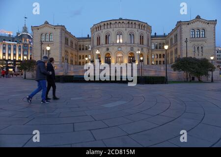 Night view to Storting building in Oslo, Norway Stock Photo