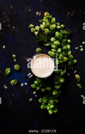 Glass of foamy beer and hop cones, top view Stock Photo