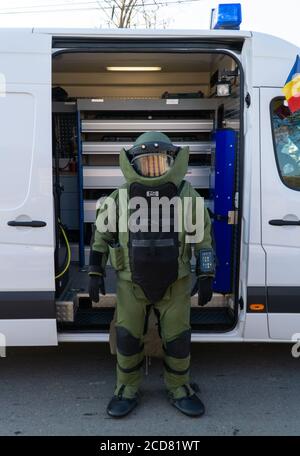 Alba Iulia, Romania - 01.12.2018: Man suited up in an explosive proof costume Stock Photo