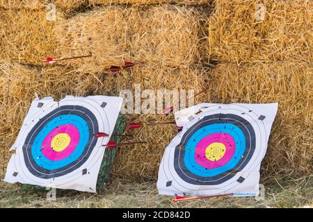 Two archery targets on a straw background Stock Photo