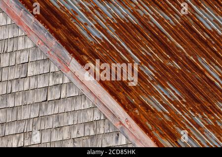 Old fishing shed with rusted metal roof and wood cedar siding Stock Photo