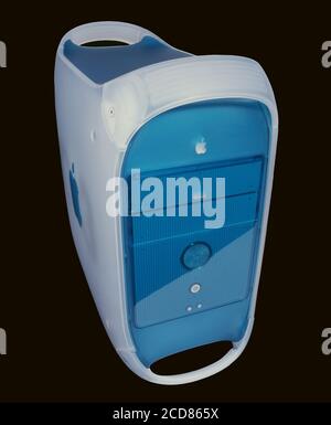 Apple G3 computer CPU. Blue translucent plastic case of an Apple