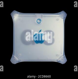 Apple G3 computer CPU. Blue translucent plastic case of an Apple Macintosh Power Mac G3 computer. With carrying handles. Stock Photo