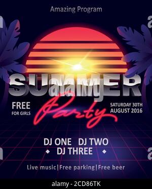 DJ summer party, night club show poster. Retro flyer with summer party for celebration decoration design.  Stock Vector