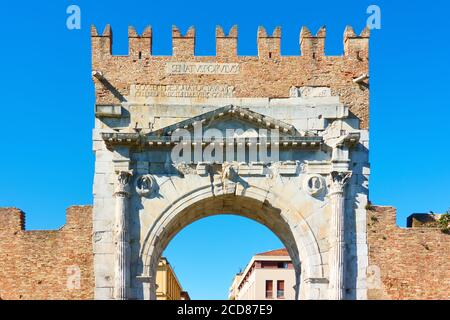 Arch of Augustus. Gate of the Old town of Rimini, Italy Stock Photo